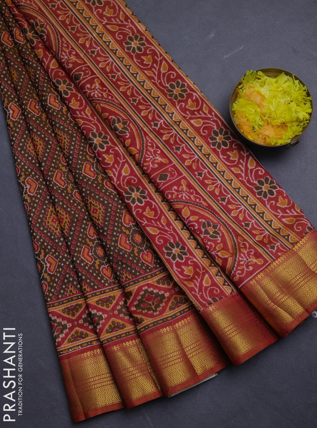 Semi tussar saree mehendi green and rust shade with allover ikat prints and zari woven border