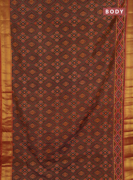 Semi tussar saree mehendi green and rust shade with allover ikat prints and zari woven border