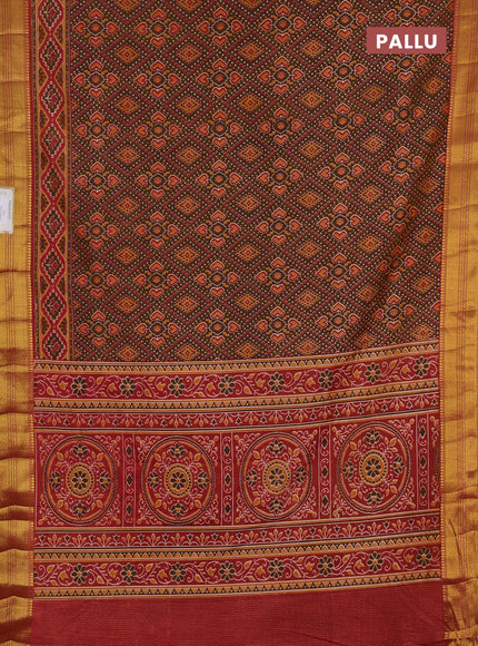 Semi tussar saree mehendi green and rust shade with allover ikat prints and zari woven border