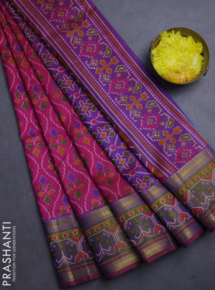 Semi tussar saree dark pink and purple with allover ikat prints and ikat woven zari border