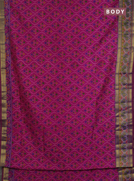 Semi tussar saree dark pink and purple with allover ikat prints and ikat woven zari border