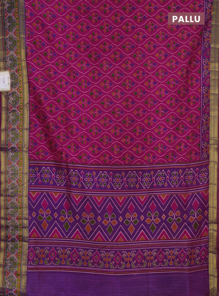 Semi tussar saree dark pink and purple with allover ikat prints and ikat woven zari border