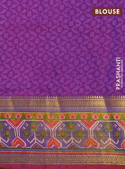 Semi tussar saree dark pink and purple with allover ikat prints and ikat woven zari border