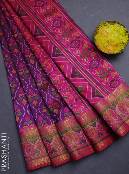 Semi tussar saree purple and pink with allover ikat prints and ikat woven zari border
