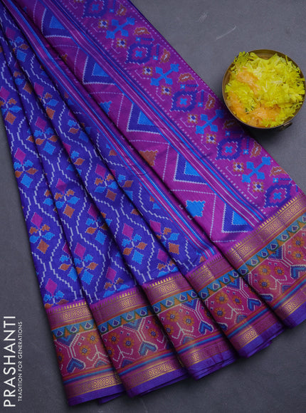 Semi tussar saree blue and pink with allover ikat prints and ikat woven zari border