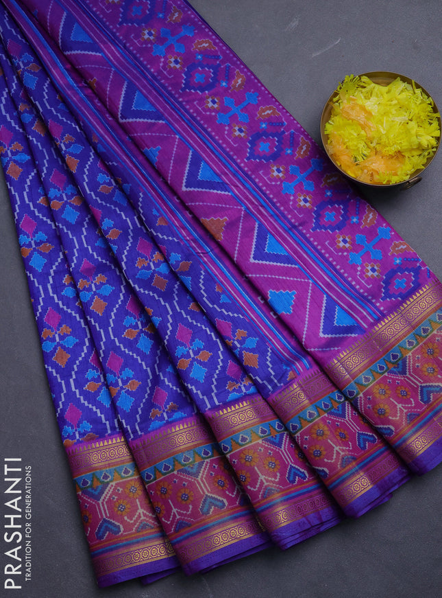 Semi tussar saree blue and pink with allover ikat prints and ikat woven zari border