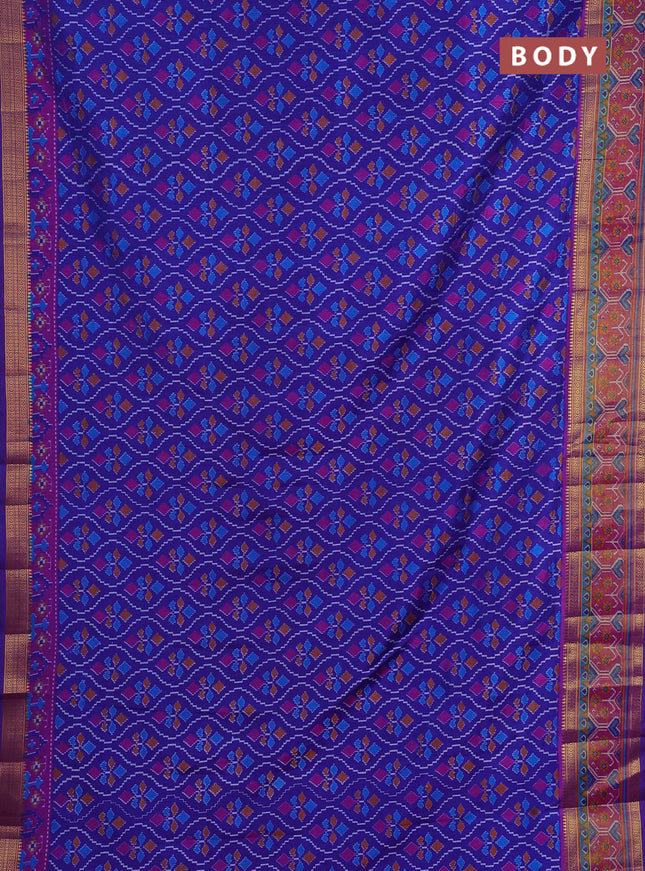 Semi tussar saree blue and pink with allover ikat prints and ikat woven zari border