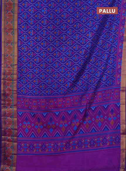 Semi tussar saree blue and pink with allover ikat prints and ikat woven zari border