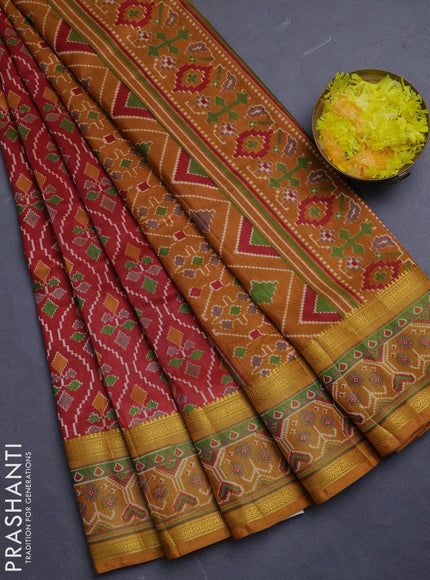 Semi tussar saree maroon and mustard yellow with allover ikat prints and ikat woven zari border