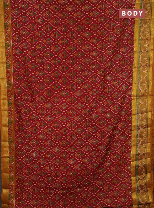 Semi tussar saree maroon and mustard yellow with allover ikat prints and ikat woven zari border
