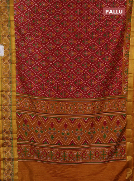 Semi tussar saree maroon and mustard yellow with allover ikat prints and ikat woven zari border