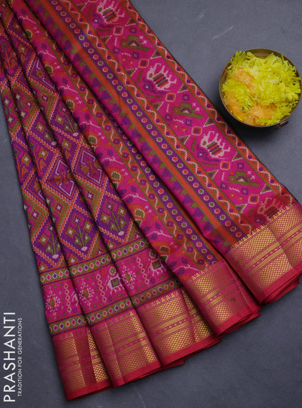 Semi tussar saree purple and pink with allover ikat prints and zari woven border