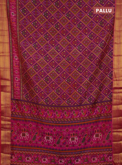Semi tussar saree purple and pink with allover ikat prints and zari woven border