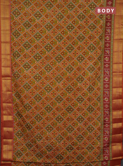 Semi tussar saree dark mustard and rust shade with allover ikat prints and zari woven border