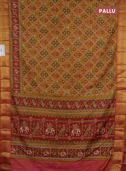 Semi tussar saree dark mustard and rust shade with allover ikat prints and zari woven border