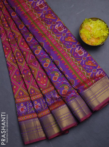Semi tussar saree dark pink and purple with allover ikat prints and zari woven border