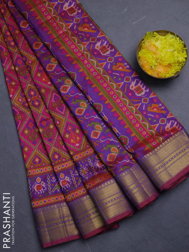 Semi tussar saree dark pink and purple with allover ikat prints and zari woven border