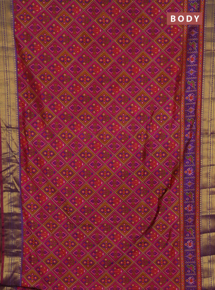 Semi tussar saree dark pink and purple with allover ikat prints and zari woven border