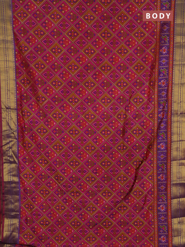 Semi tussar saree dark pink and purple with allover ikat prints and zari woven border