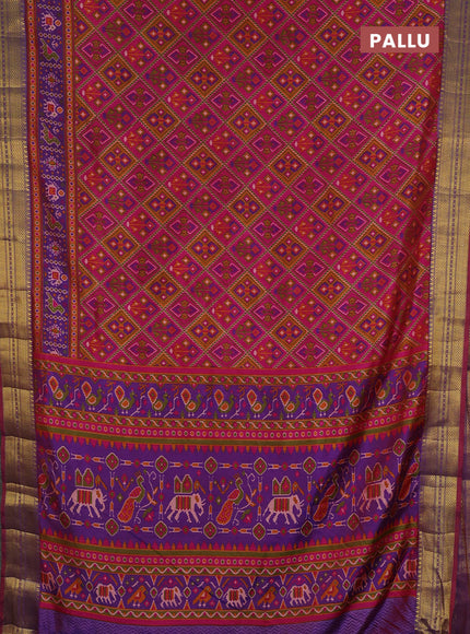 Semi tussar saree dark pink and purple with allover ikat prints and zari woven border