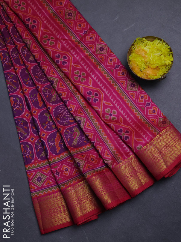 Semi tussar saree pink and purple with allover ikat prints and zari woven border