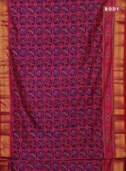 Semi tussar saree pink and purple with allover ikat prints and zari woven border
