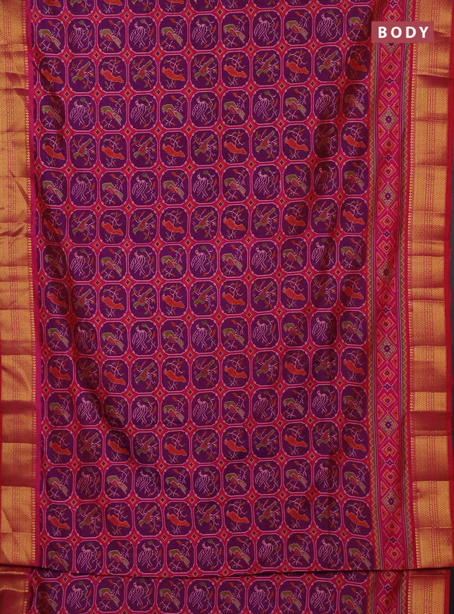 Semi tussar saree pink and purple with allover ikat prints and zari woven border