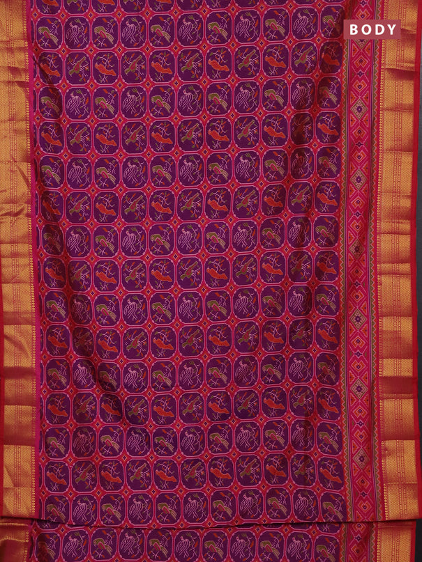 Semi tussar saree pink and purple with allover ikat prints and zari woven border