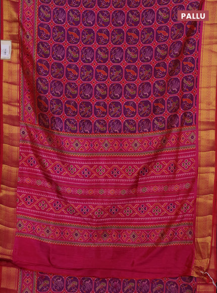 Semi tussar saree pink and purple with allover ikat prints and zari woven border