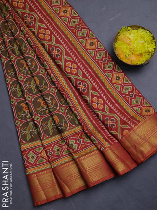 Semi tussar saree mehendi green and rust shade with allover ikat prints and zari woven border