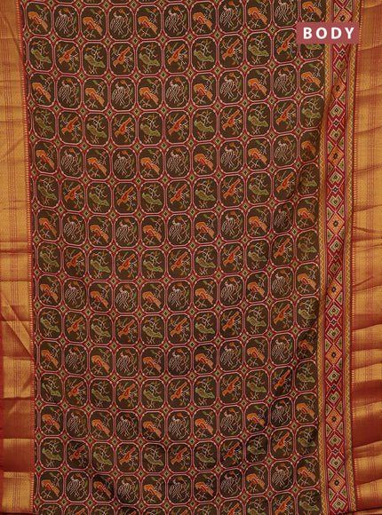 Semi tussar saree mehendi green and rust shade with allover ikat prints and zari woven border