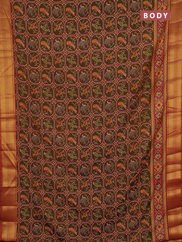 Semi tussar saree mehendi green and rust shade with allover ikat prints and zari woven border