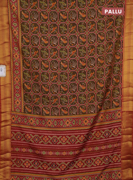 Semi tussar saree mehendi green and rust shade with allover ikat prints and zari woven border