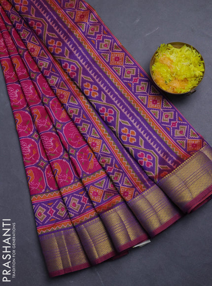 Semi tussar saree dark pink and light green with allover ikat prints and zari woven border