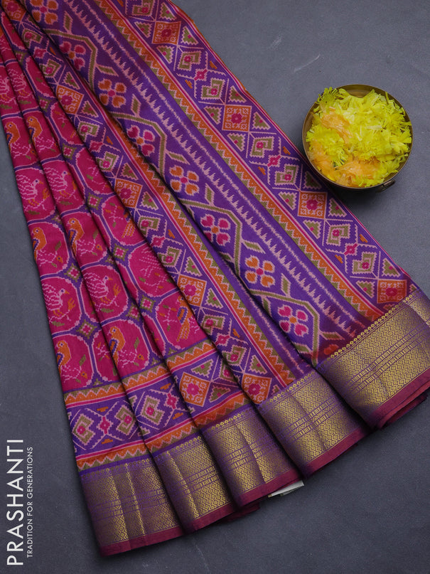 Semi tussar saree dark pink and light green with allover ikat prints and zari woven border