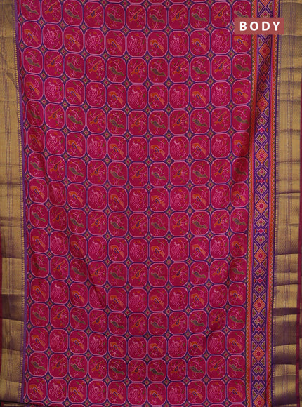 Semi tussar saree dark pink and light green with allover ikat prints and zari woven border