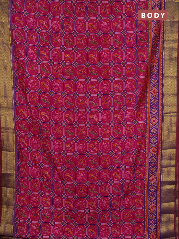 Semi tussar saree dark pink and light green with allover ikat prints and zari woven border
