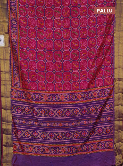 Semi tussar saree dark pink and light green with allover ikat prints and zari woven border