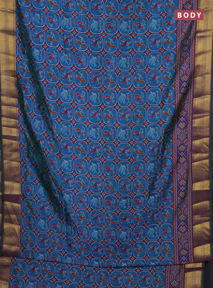 Semi tussar saree blue and purple with allover ikat prints and zari woven border