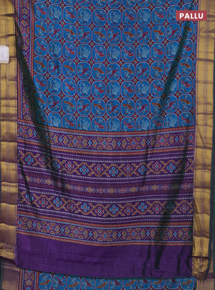 Semi tussar saree blue and purple with allover ikat prints and zari woven border