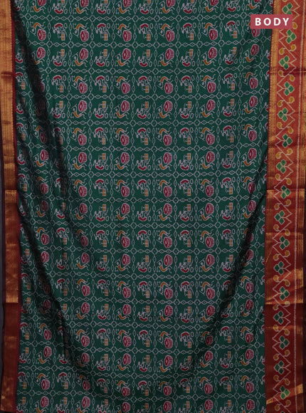 Semi tussar saree bottle green and maroon with allover ikat prints and ikat woven zari border