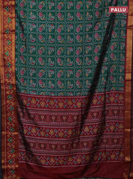 Semi tussar saree bottle green and maroon with allover ikat prints and ikat woven zari border