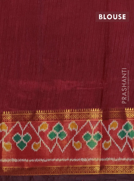 Semi tussar saree bottle green and maroon with allover ikat prints and ikat woven zari border