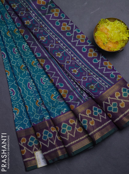 Semi tussar saree dual shade of bluish green and green with allover ikat prints and ikat woven zari border