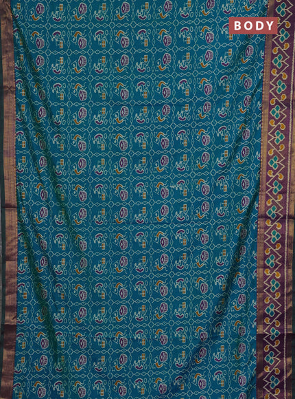 Semi tussar saree dual shade of bluish green and green with allover ikat prints and ikat woven zari border
