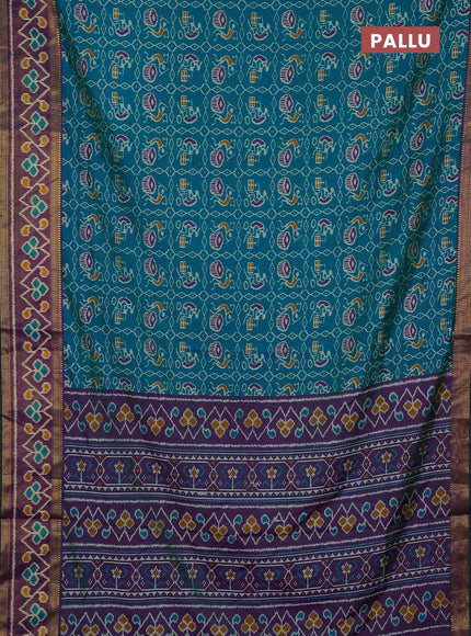 Semi tussar saree dual shade of bluish green and green with allover ikat prints and ikat woven zari border