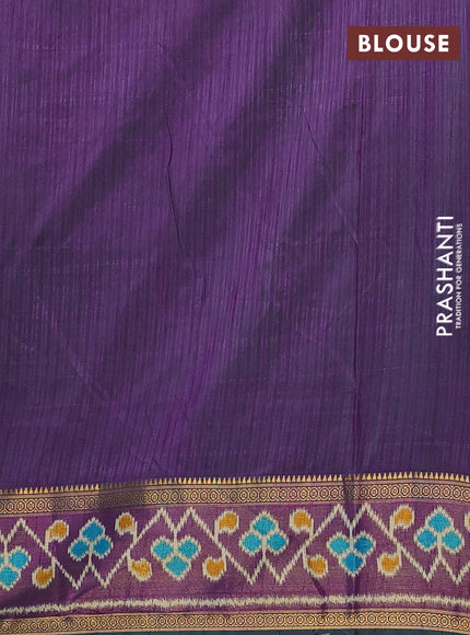 Semi tussar saree dual shade of bluish green and green with allover ikat prints and ikat woven zari border