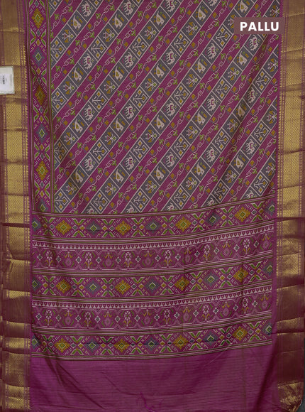 Semi tussar saree grey pink and orange with allover patola prints and zari woven border