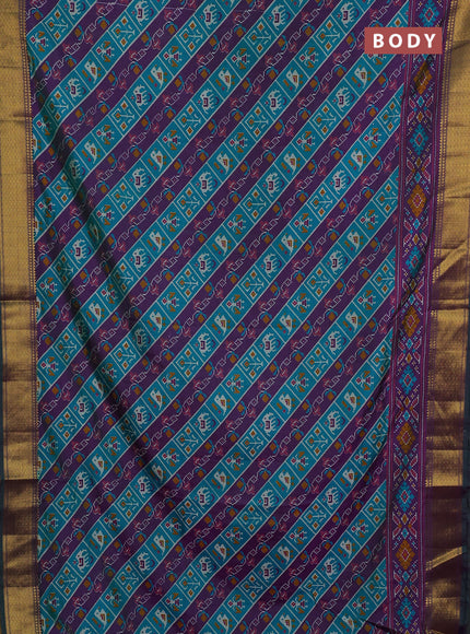 Semi tussar saree teal green and purple with allover patola prints and zari woven border