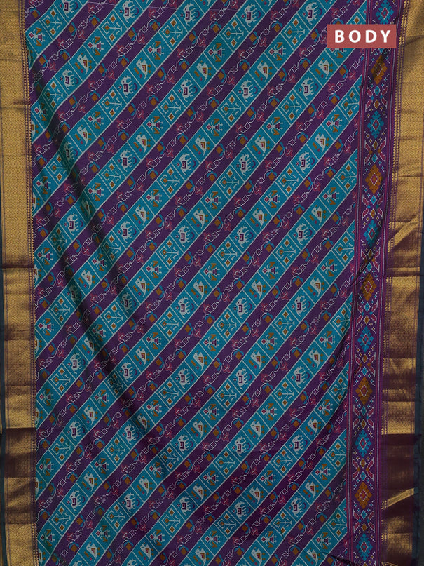 Semi tussar saree teal green and purple with allover patola prints and zari woven border